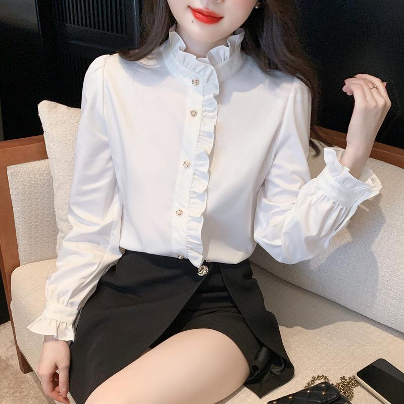 

Chic French Stand Collar Ruffle Lace Chiffon Blouse with High Neck & Sheer Bell Sleeves Large белый