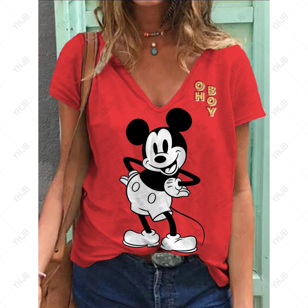 Sommer Ny Mote Dame V-hals Topp Kort Ermet T-skjorte Disney Mikke Mus Trykk Casual Gate Allsidighet Y2K Oversize-5XL