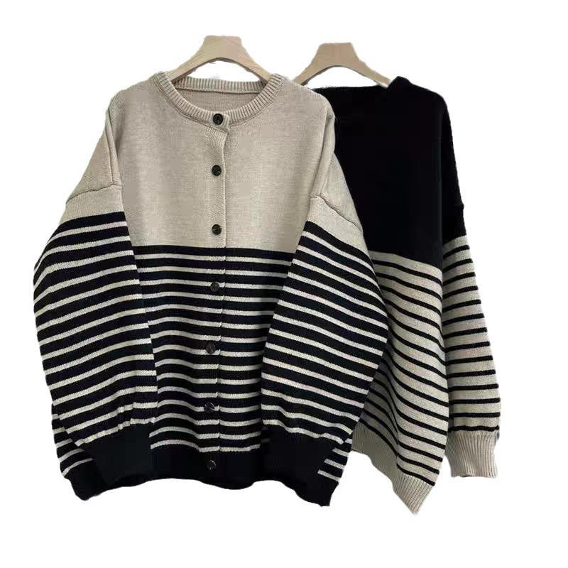 Spring New Loose Casual Basic Knitted Cardigan Women's Simple Versatile Striped Sweater Jacket