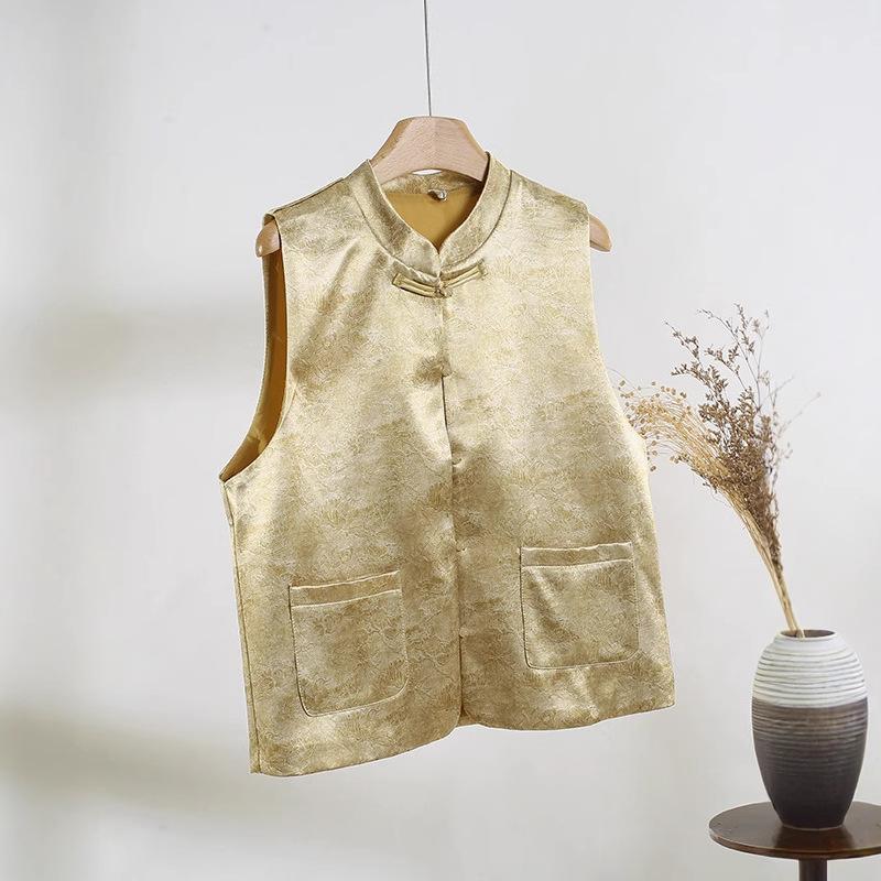 Spring and summer new temperament woven gold jacquard vest retro zen simple stand-up collar disc buckle women's vest