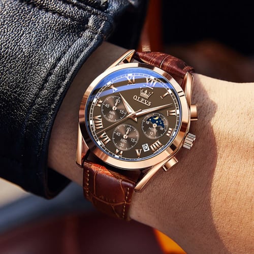 OLEVS Men's Watch, Lightweight, Arm Watch, Waterproof, For Men - Analog Quartz, Lightweight Watch, Brown, Gentleman's Date, Day of the Week, Chronogra