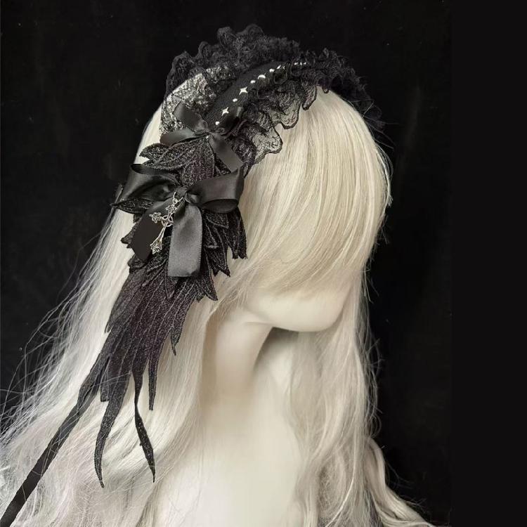 Lace Bowknot Hairband with Angel Wing Anime Theme Event Lace Ruffle Trim Headband For Roleplay Parties And Costume