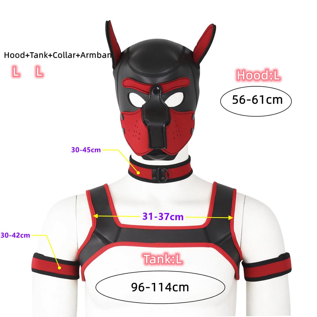 XL Large Size Cucciolo Cosplay Neoprene Fetish Hood Maschera Kit con fascia toracica Collare Fascia da braccio Costumi sessuali per BDSM Ruolo schiavo