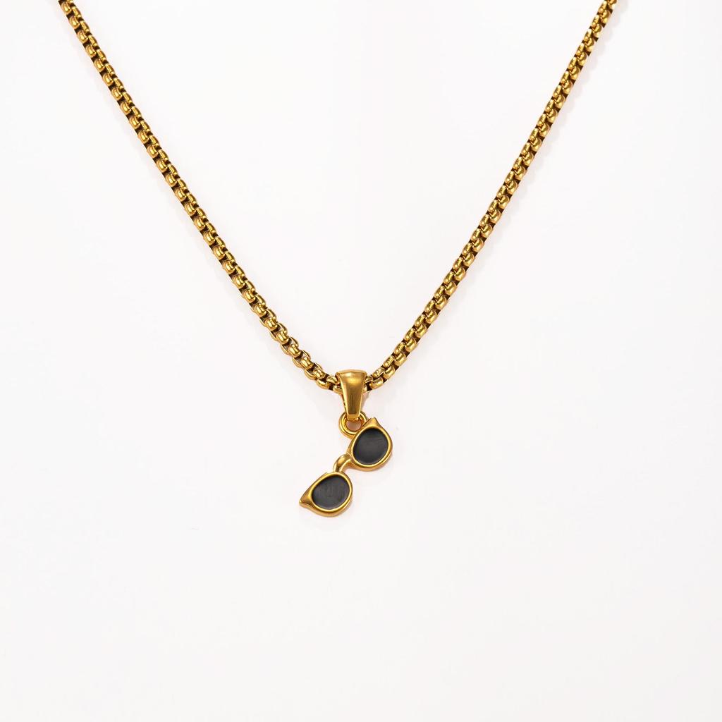 18K Gold Plated Titanium Steel Necklace with Geometric Pendant and Pearl Chain