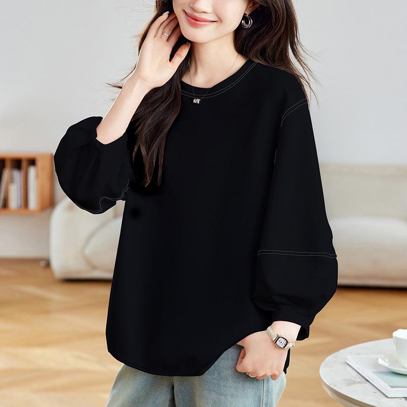 

Футболка с рукавами-фонариками и круглым вырезом для женщин, с длинным рукавом, весенняя новинка, корейская свободная повседневная футболка One size чёрный