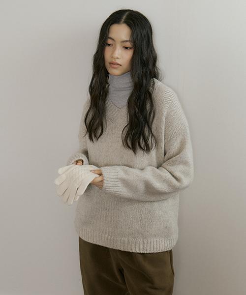 Lingseoul Baby Alpaca V-Neck Kint Top-Melange