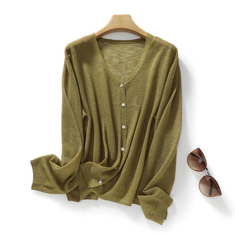 

light green v-neck long sleeve lightweight knit cardigan for women onesize оливковий колір