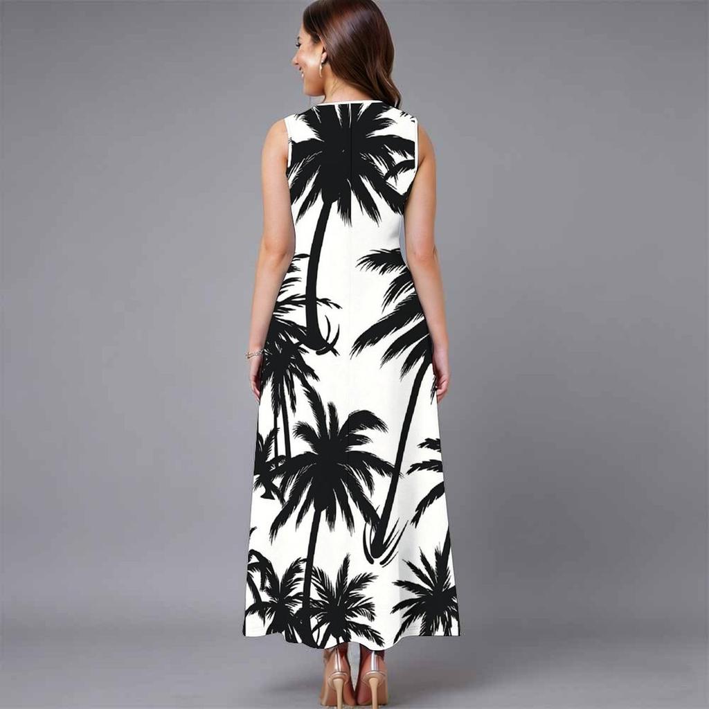 Plus Size Ladies Sleeveless Crew Neck Dress Exotic Palm Floral Printed Flowy Calf Length Outfit