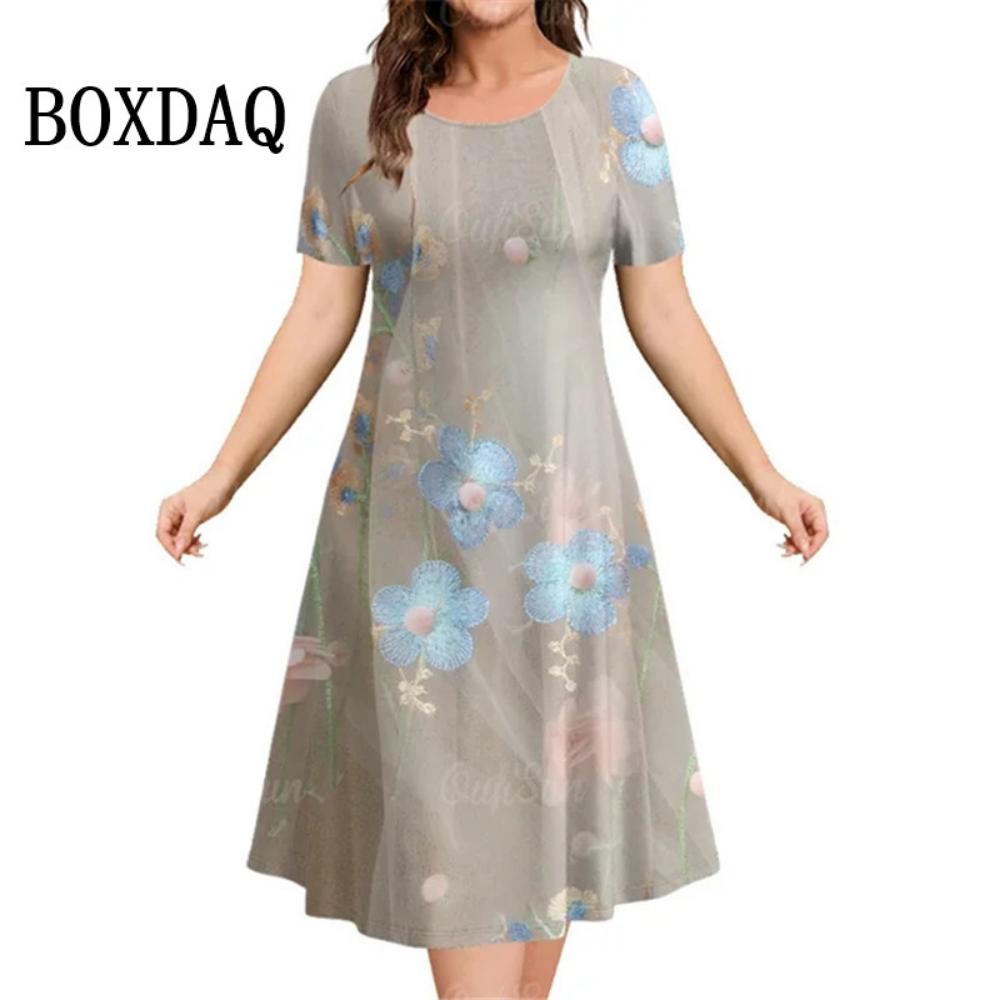 3d Plant Flower Print Women's Dress 2026 Summer Short-sleeved Clothing Casual Loose Retro Dress