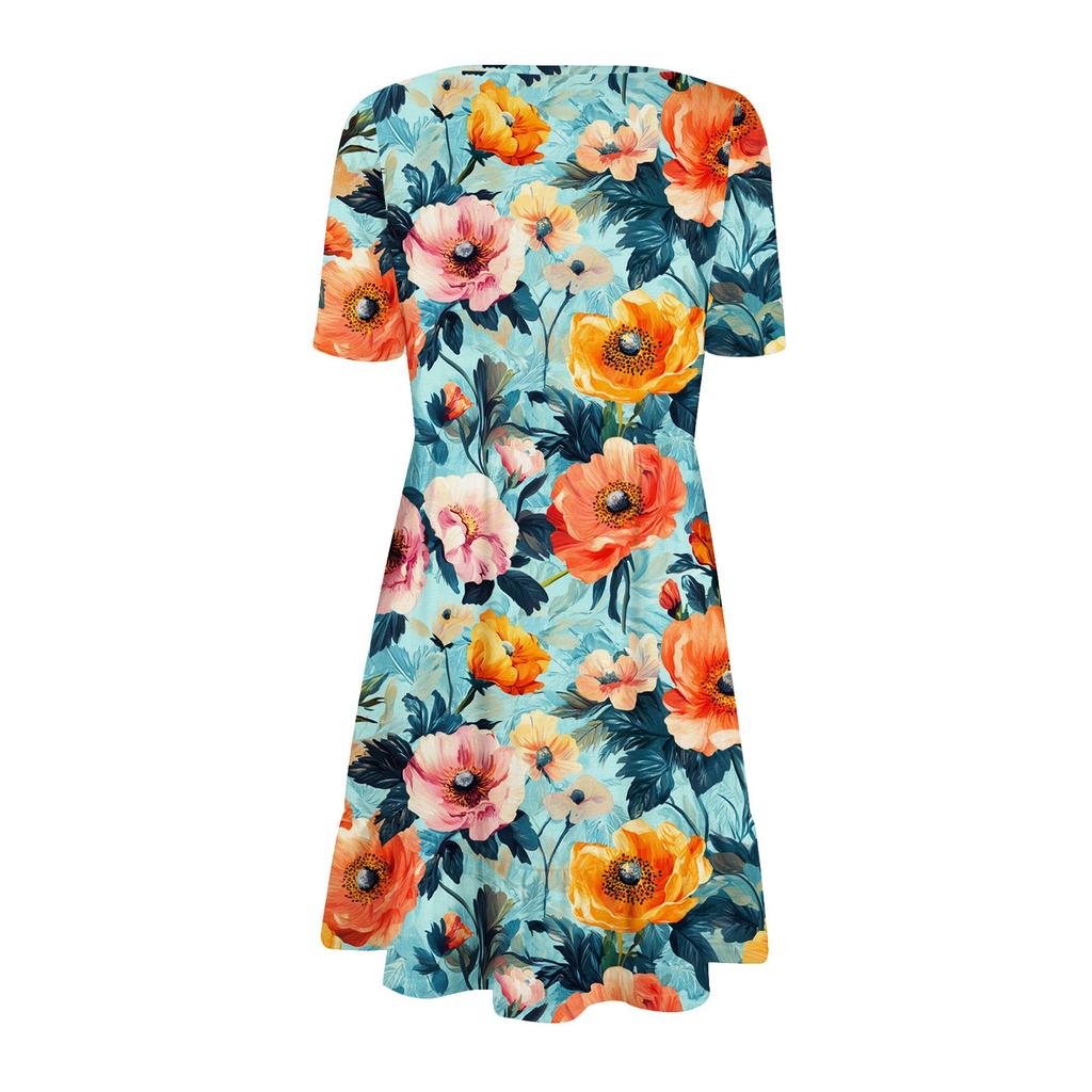 Damen Casual Rundhals Kurzarmkleid Lockeres Taillenplisseekleid Taillenplisseekleid