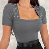 Womens Black Ribbed Square Neck T Shirt With Rhinestone Detail Short Sleeve Slim Fit Casual Top
