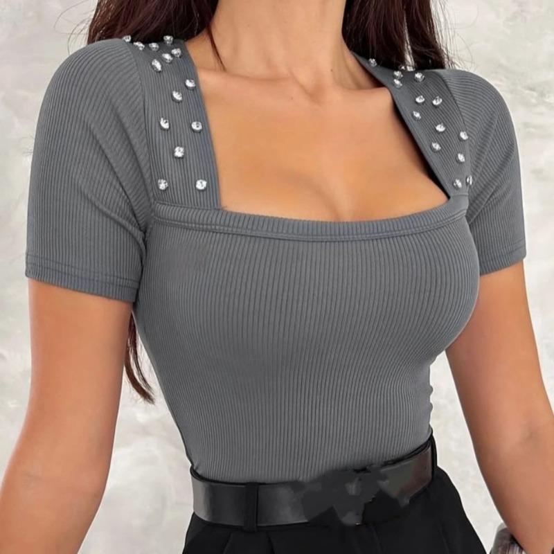 Womens Black Ribbed Square Neck T Shirt With Rhinestone Detail Short Sleeve Slim Fit Casual Top