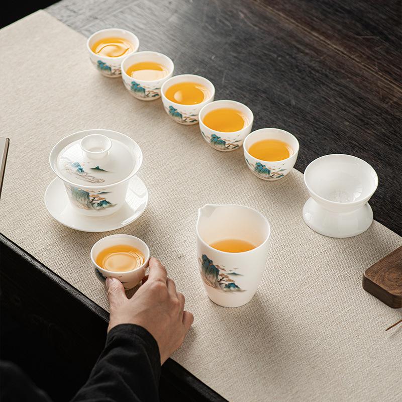 Advanced Dehua Suet Jade White Porcelain Kung Fu Tea Set Enterprise Household Ceramic Cover Bowl Business Souvenir