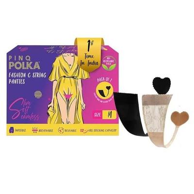 PINQ POLKA Women Lace Premium Reusable Fashion Seamless C-String Panty, M Size - 2Pcs Black & Nude, Pack Of 2
