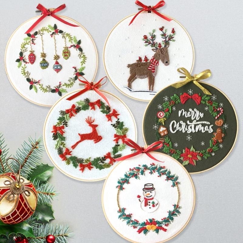 Full Ranges of Stamped Christmas Ornament Embroidery Set for Beginner, Christmas Wreath Cross Stitching Starter Kits