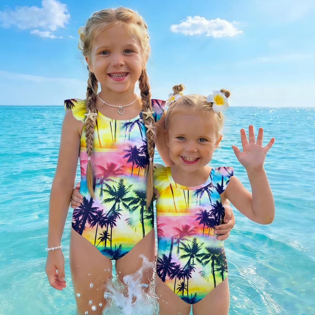 Girls One Piece Swimsuit Hawaiian Print Sleeveless Ruffle Shoulder Swimwear Kids Beachwear Bathing Suit for Summer Pool Water Activities