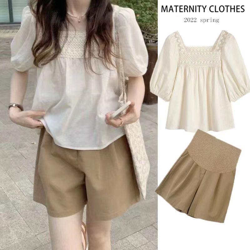 

French Chic Maternity Top & Stylish Support Pants: Flattering, Belly-Covering, Petite-Friendly, Going-Out Outfit. XXL [Recommended 140-160 jin]