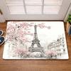1pc French-Style Eiffel Tower Cherry Blossom Floor Mat, Non-Slip Rubber Base Flannel Door Mat, Durable And Washable Entrance Rug