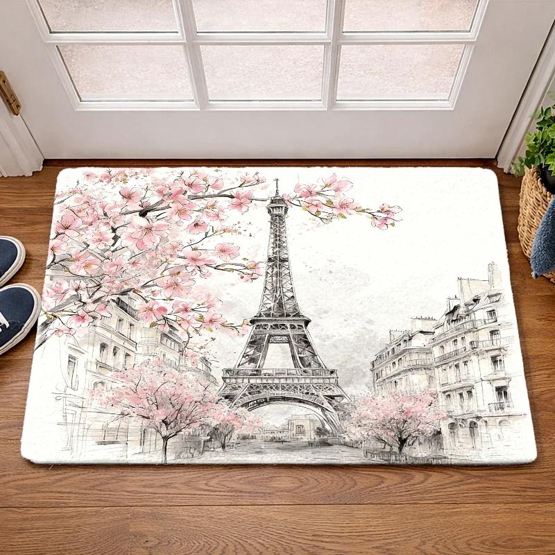 1pc French-Style Eiffel Tower Cherry Blossom Floor Mat, Non-Slip Rubber Base Flannel Door Mat, Durable And Washable Entrance Rug