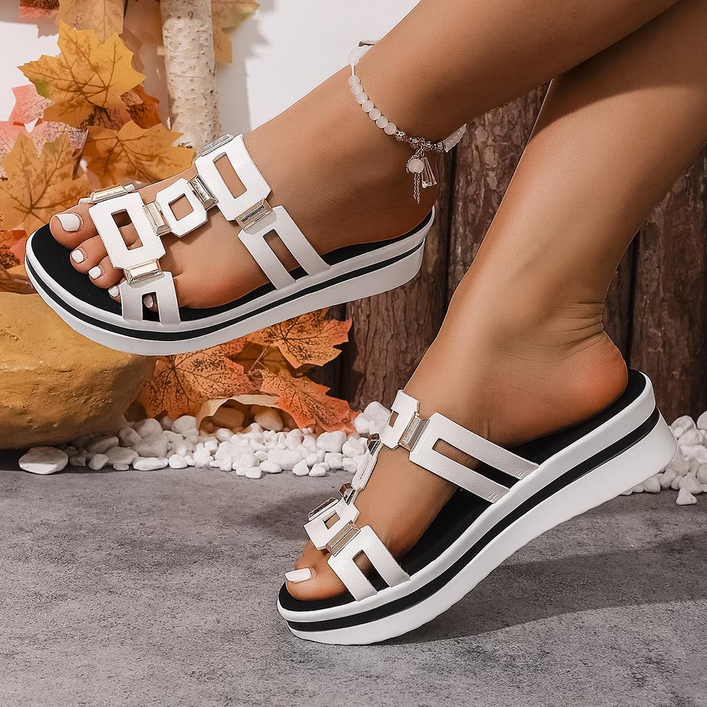 Sommer Neue Böhmische Dicken Sohle Damen Hausschuhe, Metallschnalle Freiluft Atmungsaktiv Große Größe Sandalen, Strand Hausschuhe