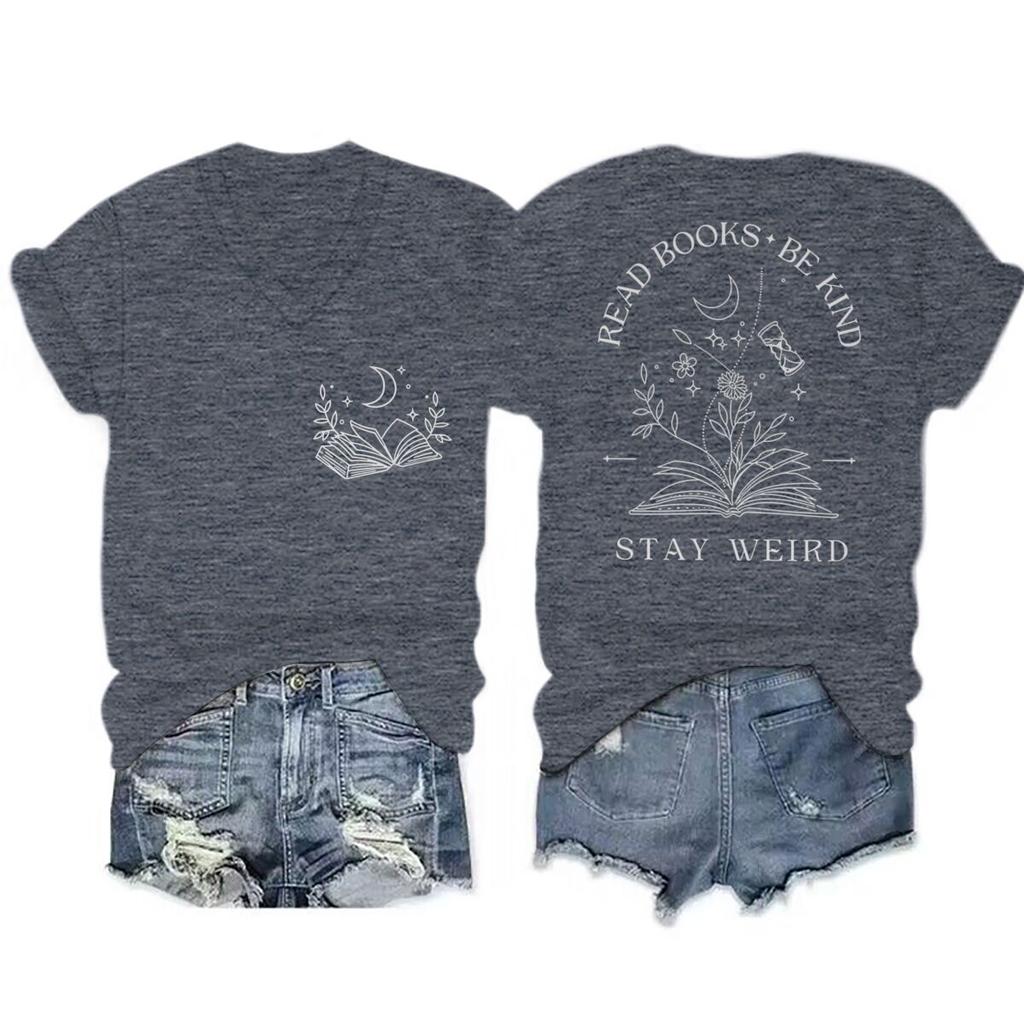 Comfort Colors Read Books Be Kind Stay Weird Shirt Bookish Vneck Short Sleeve Tee Book Lover Boho Gift Floral Design TShirts