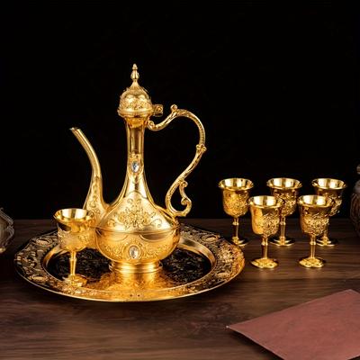 Vintage Metal Türk Kahvesi Potu Seti Avrupa Tarzı Çay Seti 6 Lüks Kahve Fincanı El Sanatları Çay Tepsisi ve Çaydanlık Çay Servisi İçin Zamzam Kahve Kapuçin
