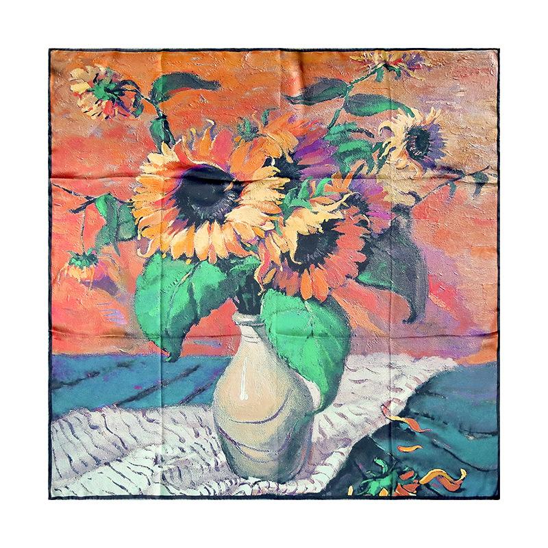 Oil painting print sunflower silk 100% mulberry silk plain crepe satin scarf silk scarf 110cm large square scarf shawl women