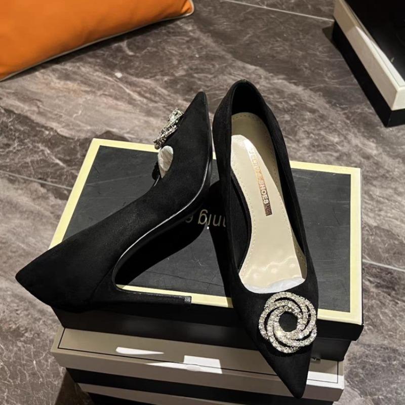 2025 New Shallow Mouth Women's Pumps Fashion Satin Rhinestone Round Buckle Stiletto Solid Color Pointed Sexy Ladies Single Shoes
