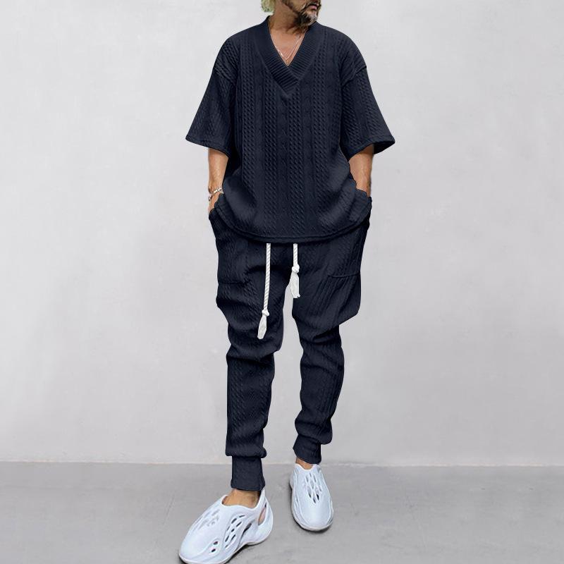 Men's Spring Loose Casual Set Seven Sleeve Knit Top + Long Pants Two Piece Set