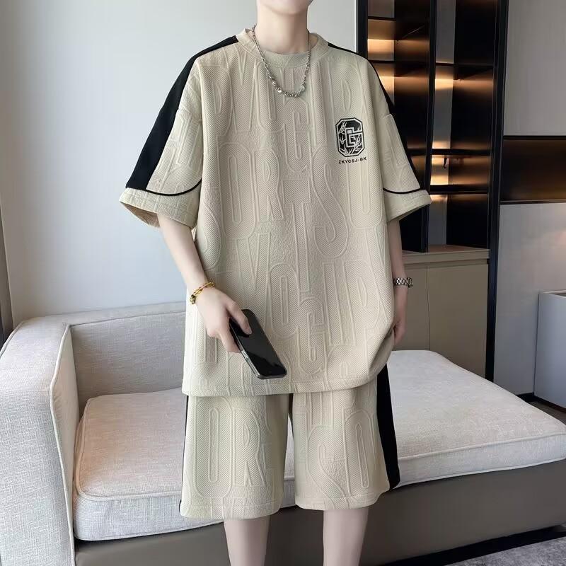 

Men s Waffle Summer Suit Casual 4XL 5XL T-shirt + Shorts Suit Men s Tracksuit Solid Color Tracksuit Loose Suit M