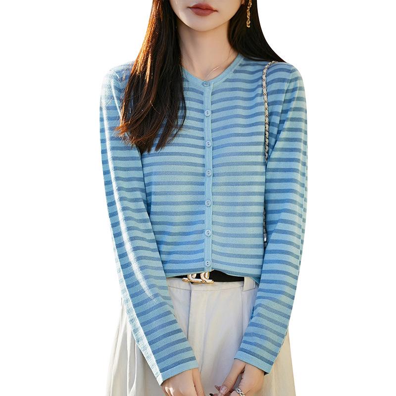 Women's Striped Round Neck Knit Cardigan - Spring & Autumn Casual Loose Fit