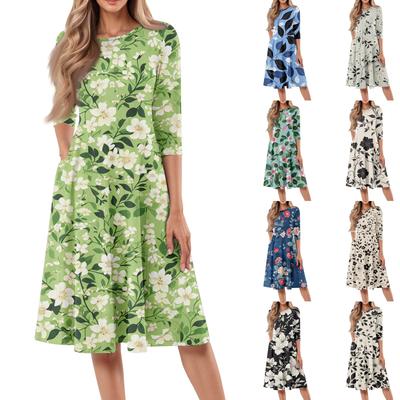 Vestido de Mujer Suelto Casual y a la Moda con Cuello Redondo y Manga Siete Cuartos Estampado de Largo Medio
