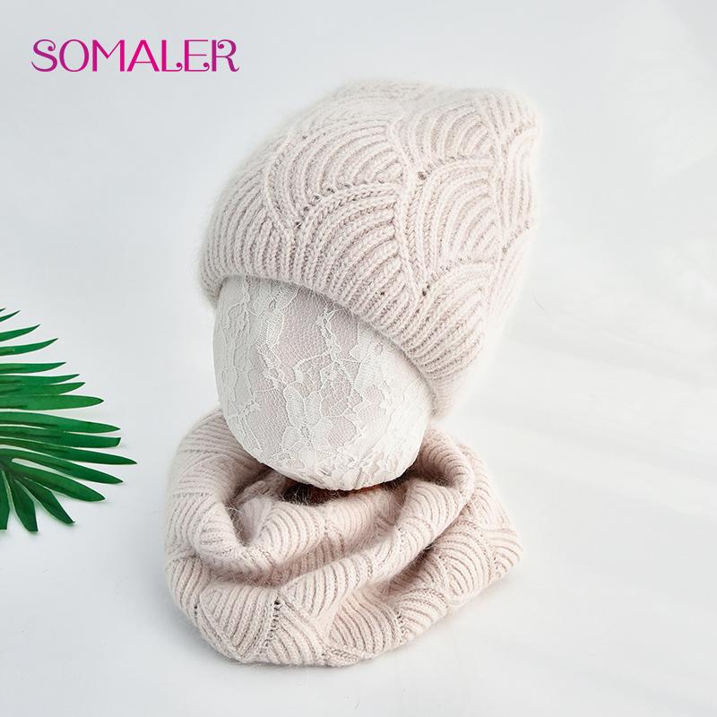 SOMALER Women's Winter Warm Fluffy Angora Hat Scarf Set Warm Angora Wool Knit Beanie  Neck Warmer 2 in 1 Gift Set