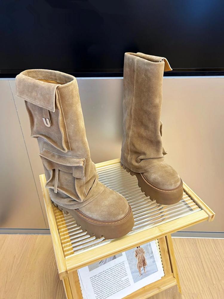 Modne damskie buty zimowe Brązowe buty gruba podeszwa podwyższające retro kieszeń kozaki damskie modne buty damskie