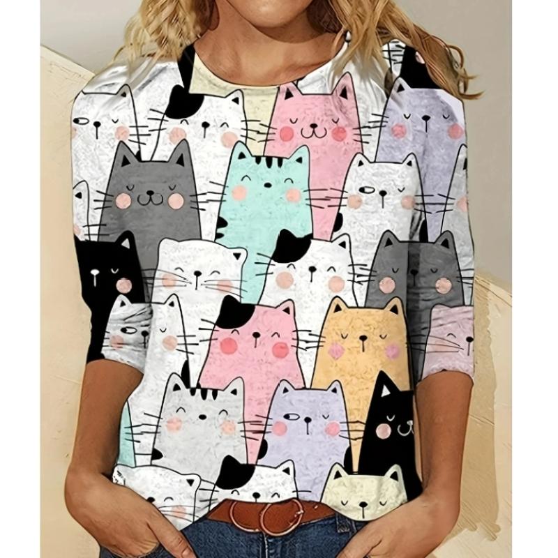 Casual Harajuku Long Sleeve T-Shirt with 3D Cat Print and Round Neck