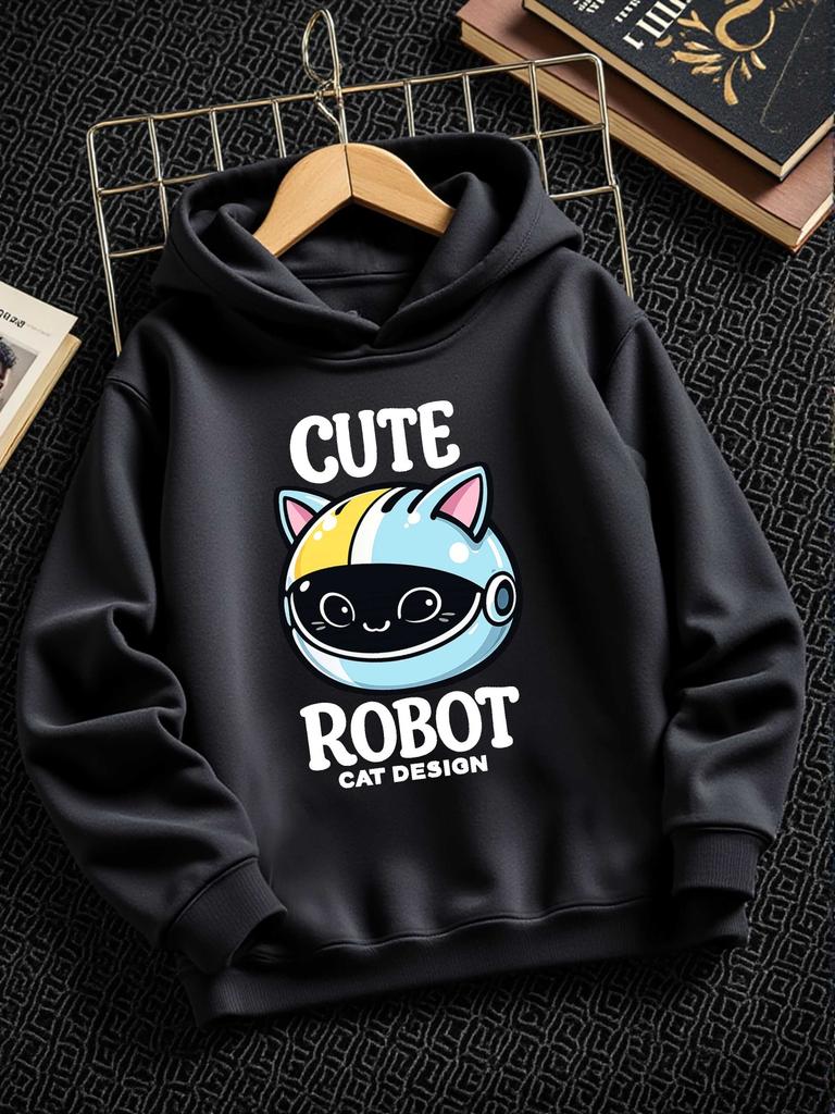 Stylish and casual hooded sweatshirt for boys and girls, featuring a cartoon robot print—suitable for outdoor sports and activities.