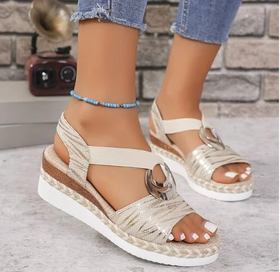 Women's Summer Wedge Sandals Elastic Strap Metal Decoration One Kick Women Sandalias Outdoor Daily Commute Sandalias De Mujer