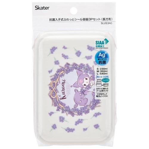 Skater Antibacterial Sealable Storage Containers, Kuromi Flower Wreath Sanrio Design, Set of 3, Made In Japan, SLUS3AG-A