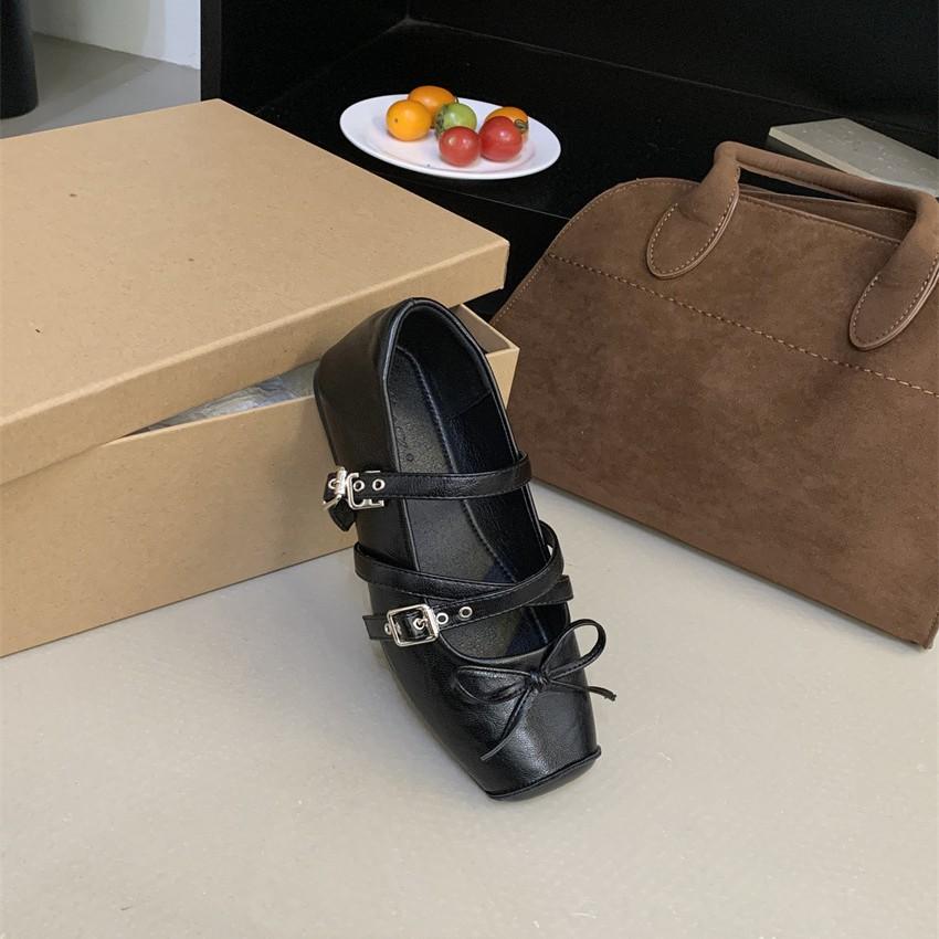 ~ Beautiful cross-buckle ballet shoes women's French bow Mary Jane shoes matte light mouth square head single shoes