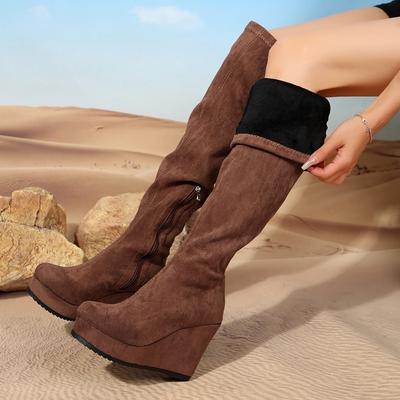 Bottes Hautes pour Femmes Tendance 2024 Daim Talons Hauts Automne Hiver Nouveaux Compensées à Plateforme Bottes Chelsea Bottes Épaisses au-Dessus du Genou pour Femmes