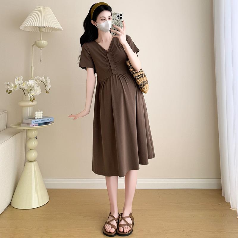 Korean-Style Summer 2026 Pleated V-Neck Maternity & Nursing Dress L