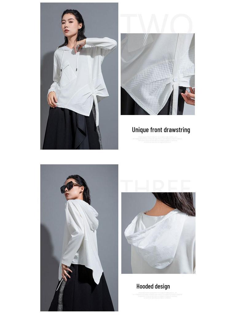 Women's Plus Size Irregular Hooded Patchwork Sweatshirt with Ribbon - Casual Long Sleeve