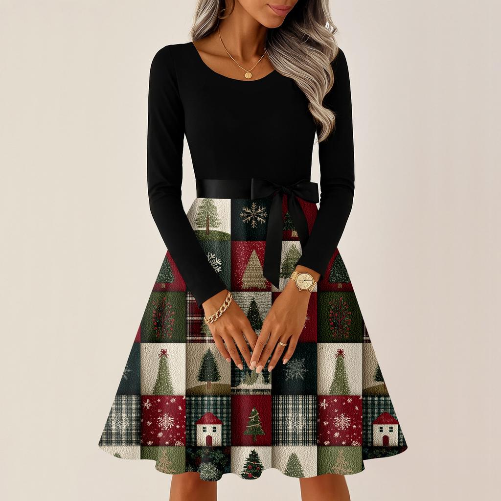 Dámské ležérní módní šaty s kulatým výstřihem a dlouhým rukávem, s vánočním potiskem, na párty, vintage dlouhé šaty