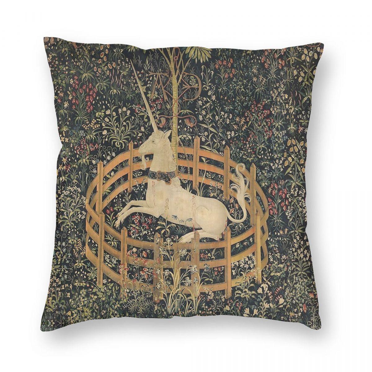 

Средневековый единорог в неволе Цветочная наволочка Полиэстер Лен Бархат Креативная наволочка для дивана Подушка для сиденья 12x12Inch