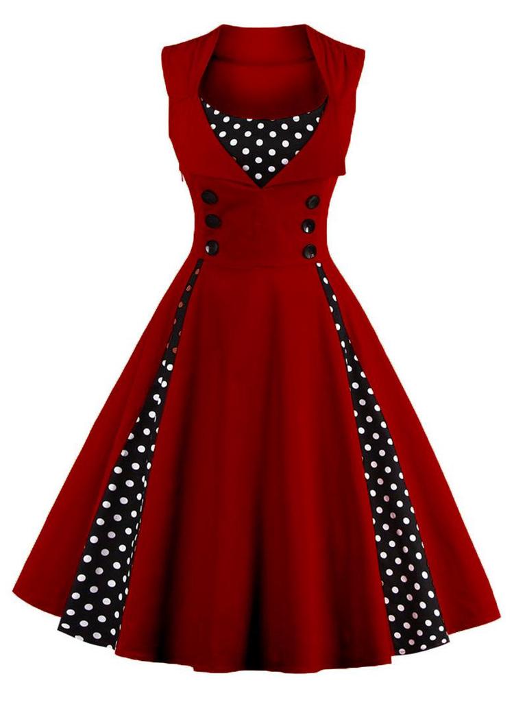 Women's Retro Gothic Red Polka Dot Swing Dress - 1950s Style