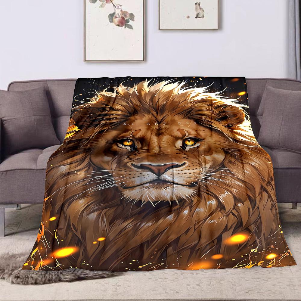 Fierce Lion with Fiery Glow Patterned Flannel Blanket Perfect for the Bedroom Living Room, Sofa, or a Little Nap