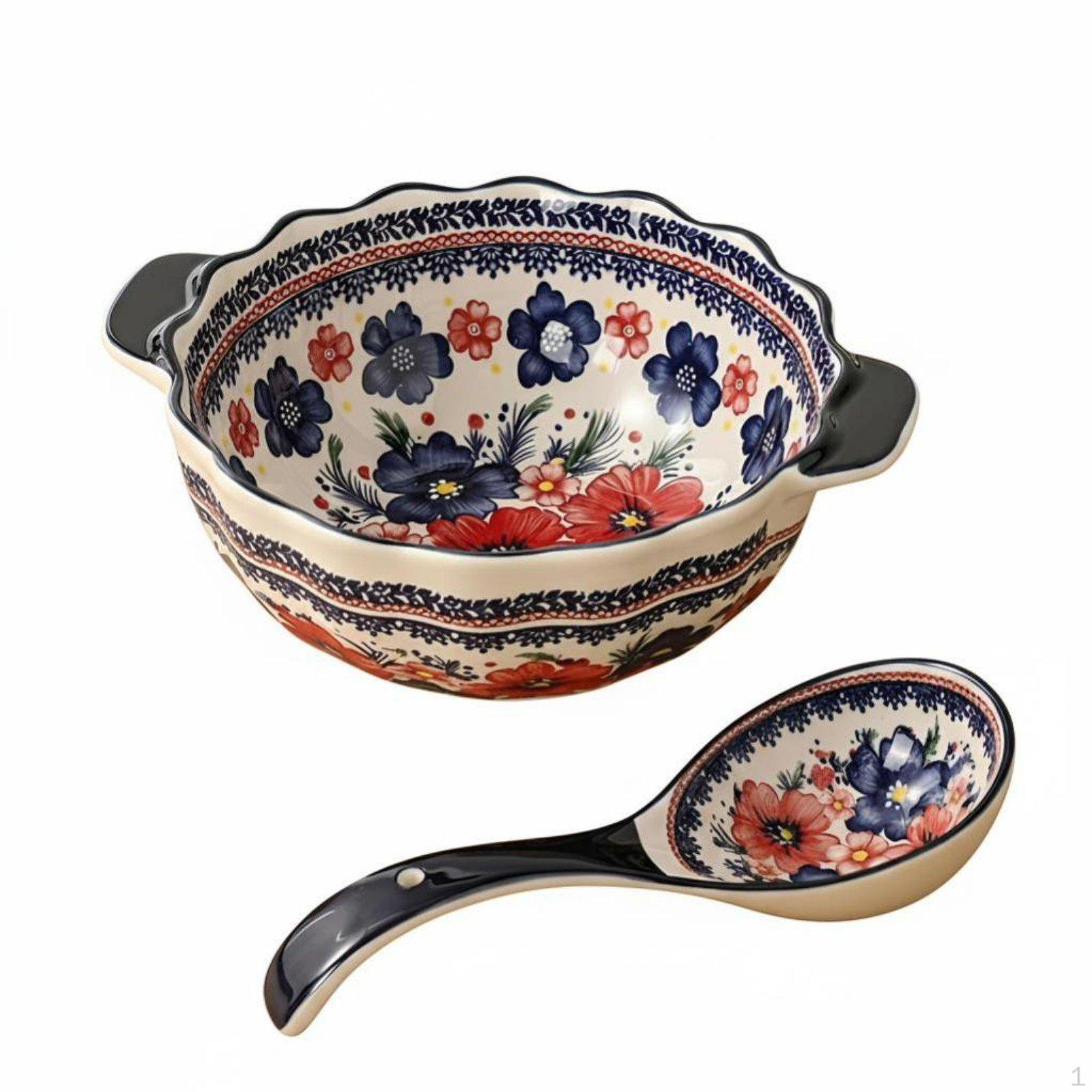 Polish Painted Soup Pot, Double Handle Ceramic Tableware, Underglaze Floral Design
