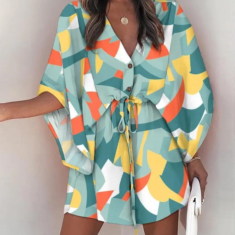 European Style Summer V-Neck Lace Up Casual Vacation Maxi Dress Women Clothing XXL