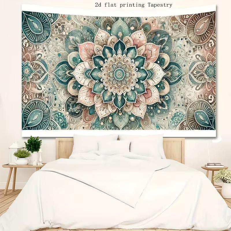 

2D Watercolor Mandala Tapestry, Bohemian Teal Pink Flower Background Cloth 47.2x31.5inch/120*80cm