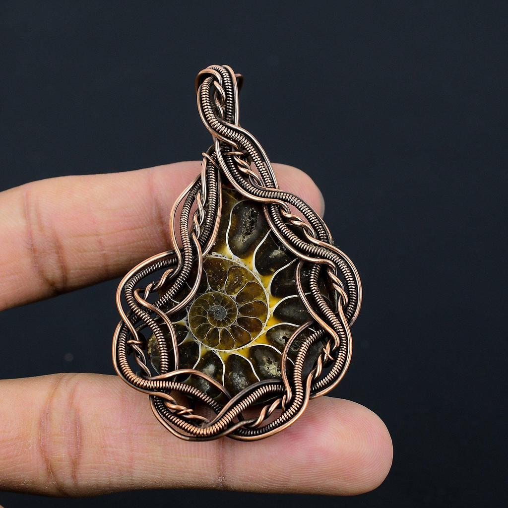 Ammonite Fossil Gemstone Copper Wire Wrap Handmade Pendant Jewelry Gift For Woman